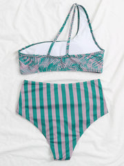 Bikini-Badeanzug mit Blumenmuster, Farbblockdesign und One-Shoulder-Träger und Schlitz 