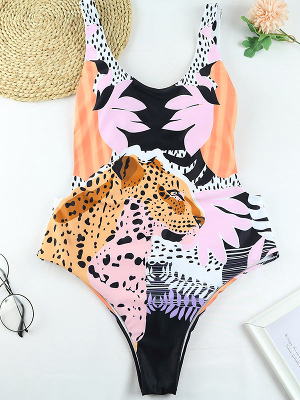 Sleeveless Padded Backless Leopard Print One-Piece Swimwear