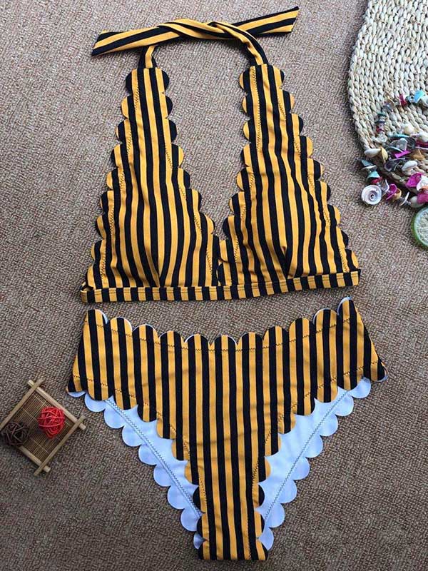 Deep V-Neck Striped Bikini Swimsuit