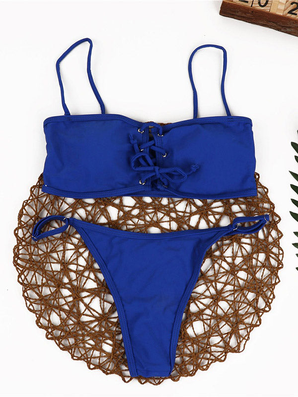 Solid Color Lace-Up Bikinis Swimsuit