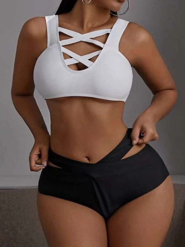 Solid Color Bandage Crossed Split Bikini Swimsuit