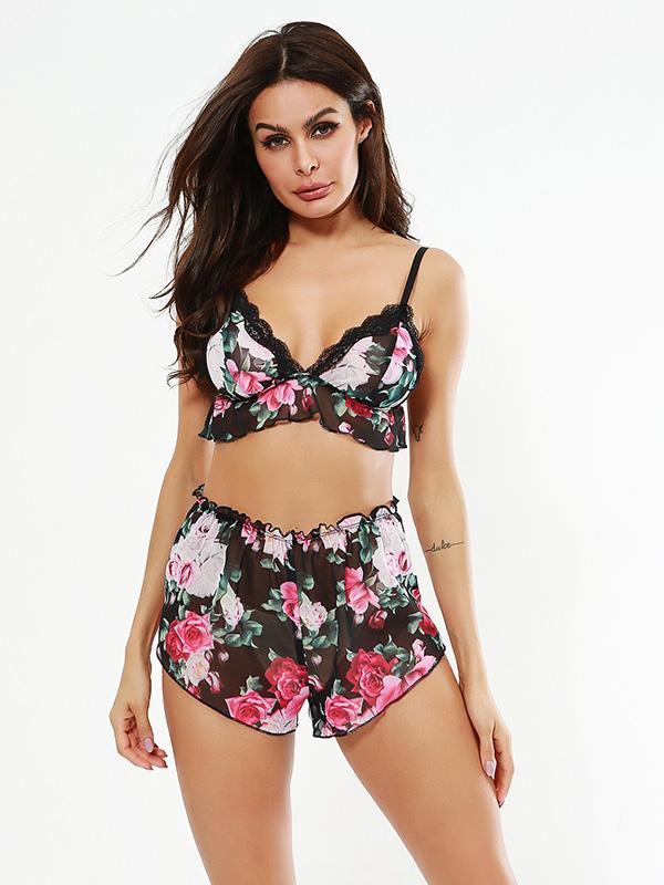 Chiffon Floral-Print  Pajamas Bodysuit Lingerie