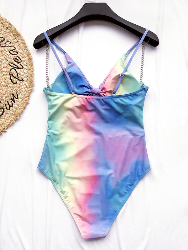 Colorful Spaghetti-Neck Bandage Hollow One-Piece Swimwear