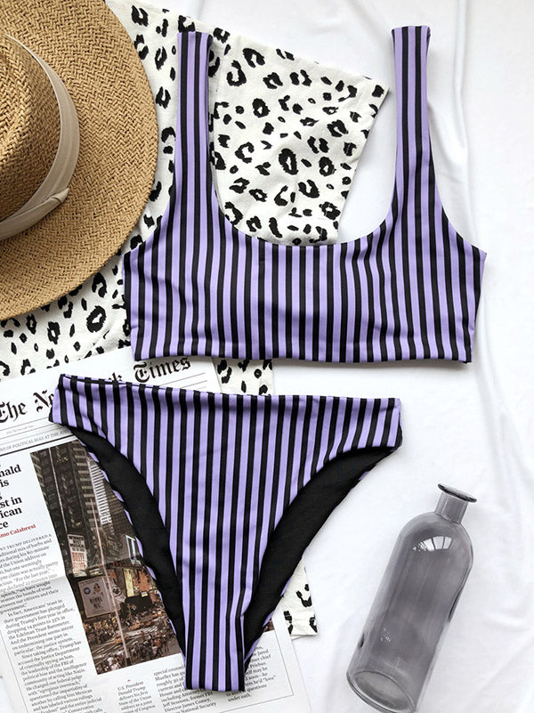 Striped Printed Square-Neck Split Bikini Swimsuit