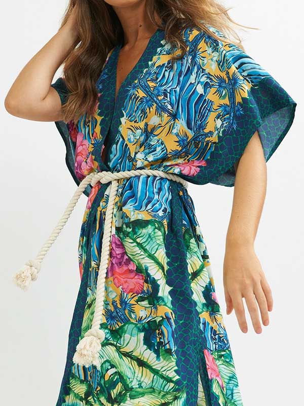 Floral-Print Belted Knotted Tunicshang Cover-Ups Tops