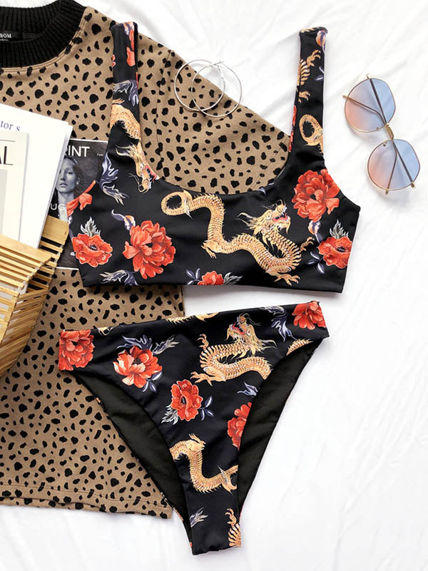 Chinese Style Printed U-Neck Split Bikini Swimsuit