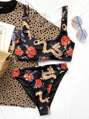 Chinese Style Printed U-Neck Split Bikini Swimsuit