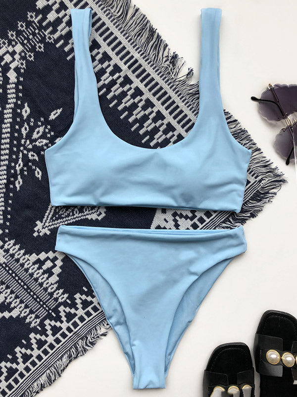 Solid Color Concise Square-Neck Split Bikini Swimsuit