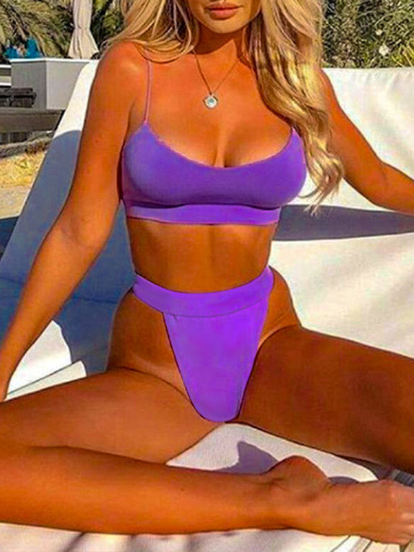 Solid Color Spaghetti-Neck Split Bikini Swimsuit