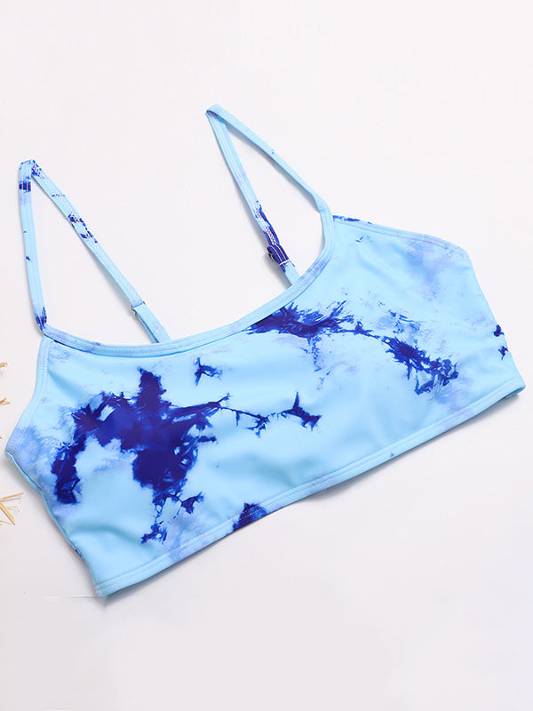 Tie-Dyed Gradient Spaghetti-Neck Split Bikini Swimsuit+Mask