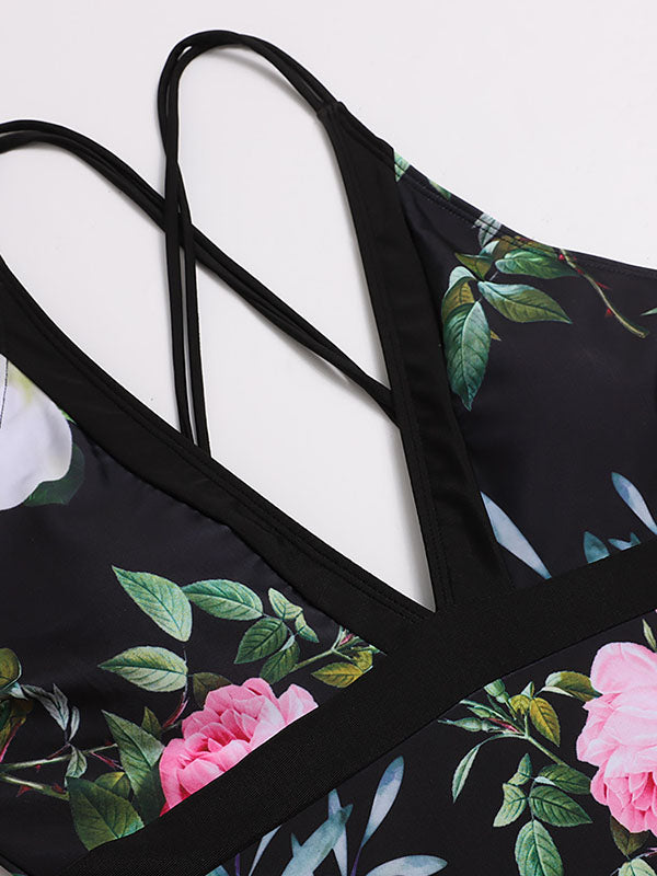 Floral-Print V-Neck Backless Tight One-Piece Swimwear