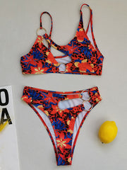 Floral Irregular Hollow High-Waisted Bikini Swimwear