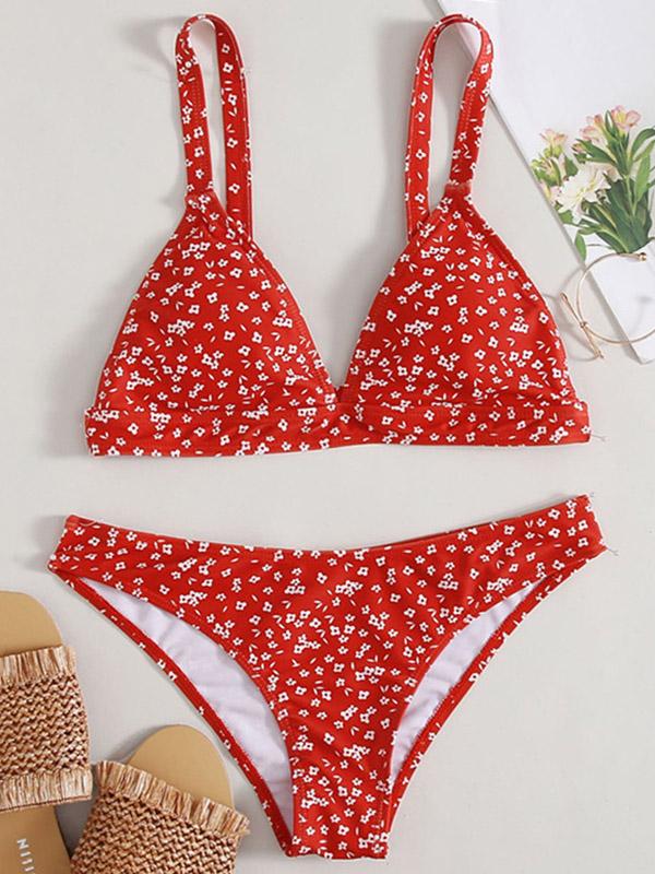 Floral-Print Triangles Backless Split Bikini Swimsuit