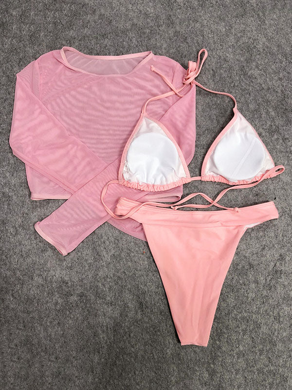 Solid Color See-Through Long Sleeve+Triangles Split Bikini Swimsuit+Three-Piece Set