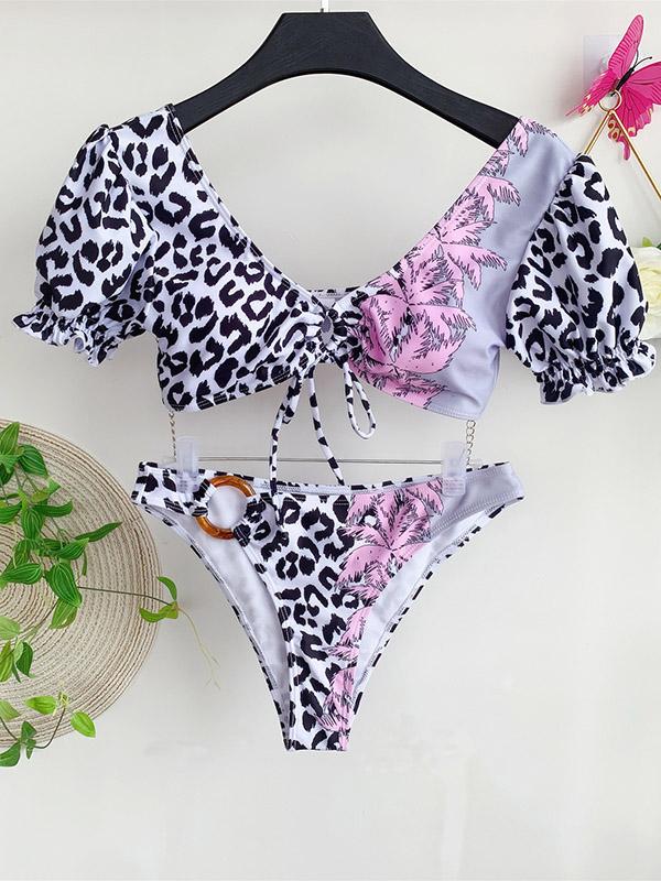 Asymmetric Leopard Print  Puff Sleeves Embellished Split Tankini Swimsuit