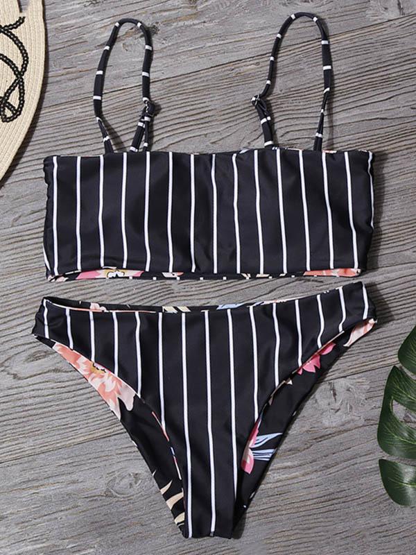 Bandeau-Bikini-Badeanzug mit Spaghetti-Ausschnitt und Schlitz und Blumendruck 