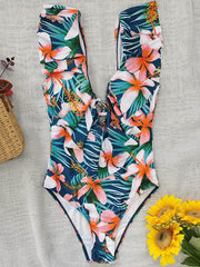 Floral Printed Falbala One-Piece Swimsuit