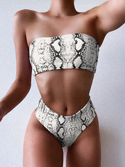 Snake-Print Simple Bandeau Split Bikini Swimsuit