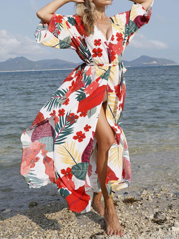 Floral-Print Belted Long Sleeve Tunicshang Cover-Ups