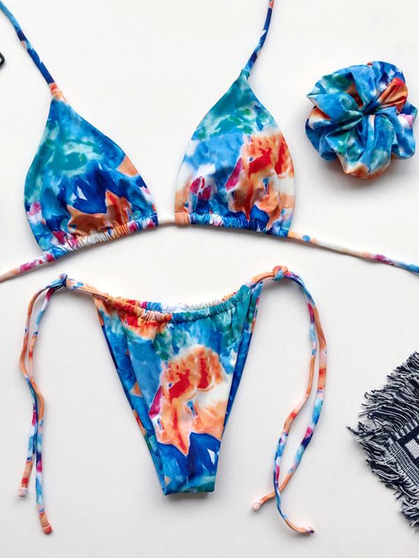 Tie-Dyed Printed Halterneck Split Bikini Swimsuit +Hair Ring