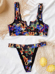 Chinese Style Printing U-Neck Split Bikini Swimsuit