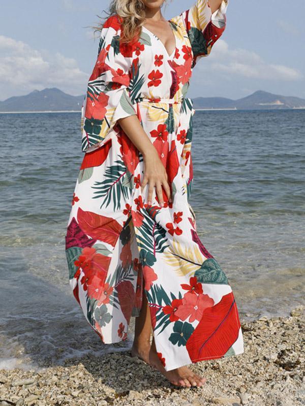 Floral-Print Belted Long Sleeve Tunicshang Cover-Ups