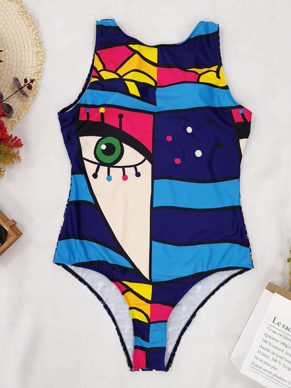 Abstract Printed Cartoon One-Piece Swimsuit