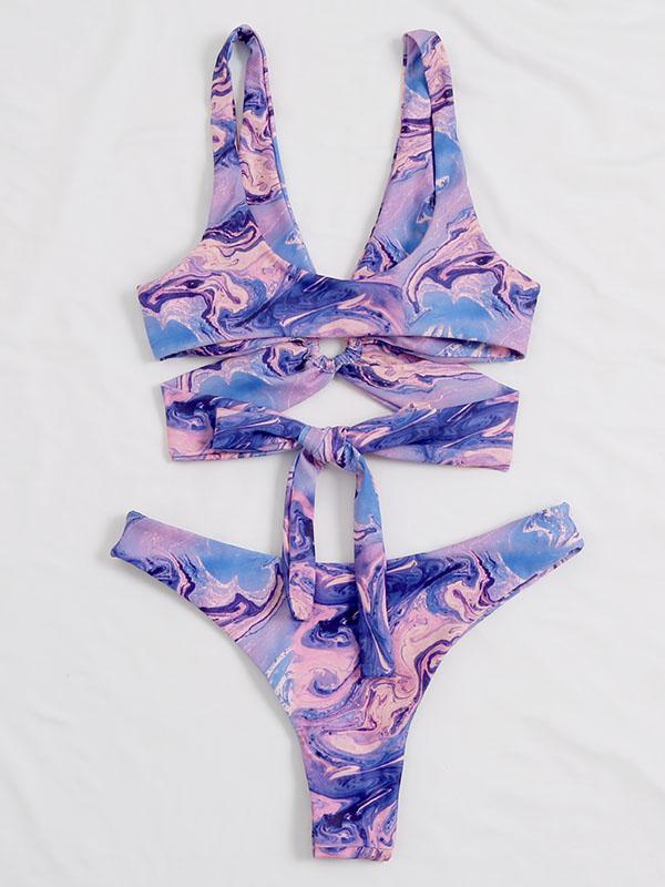 Tie-Dyed Gradient Printed Bandage Split Bikini Swimsuit