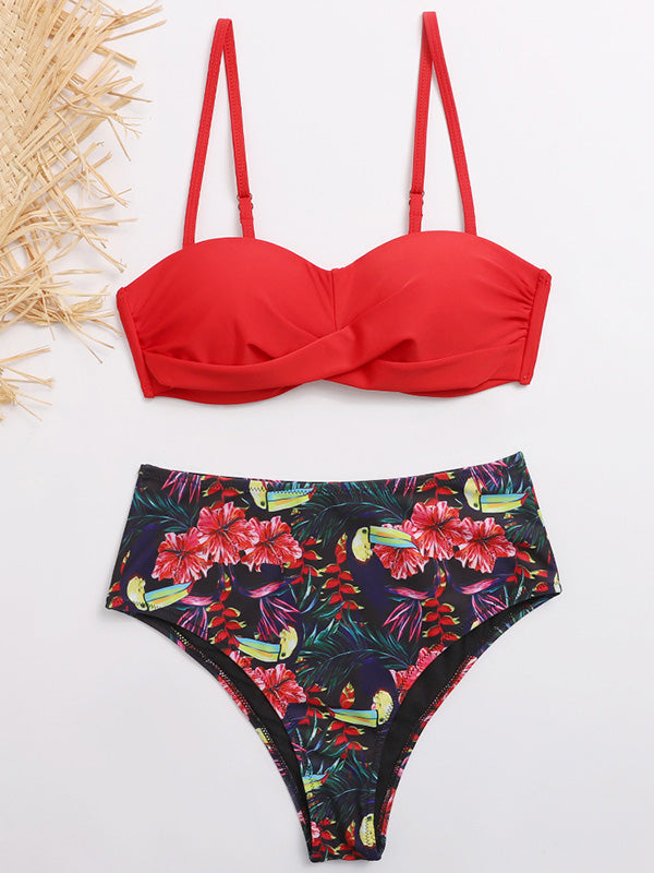 Bandeau-Bikini-Badeanzug mit Schlitz und Blumenmuster in Farbblock-Optik 