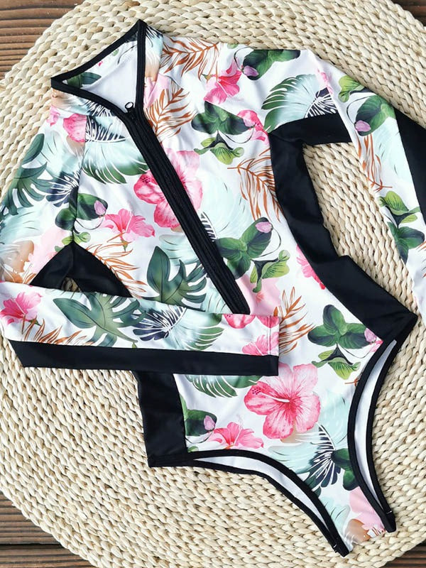 Printed Long Sleeve Zipper Wetsuit Swimsuit