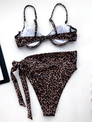 Leopard Print Underwired Belted Split Bikini Swimsuit