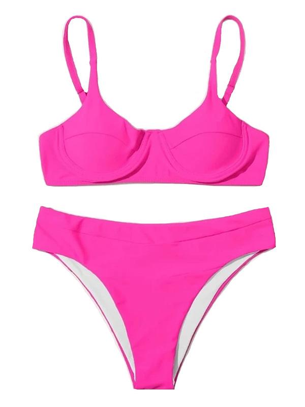 Solid Color Spaghetti-Neck Underwired Split Bikini Swimsuit