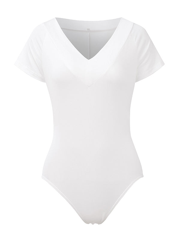 Solid Color Simple V-Neck One-Piece Swimwear