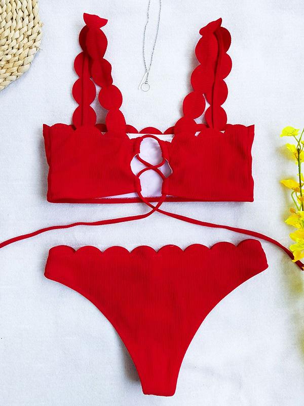 Solid Color Lace Bandage Bandeau Split Bikini Swimsuit