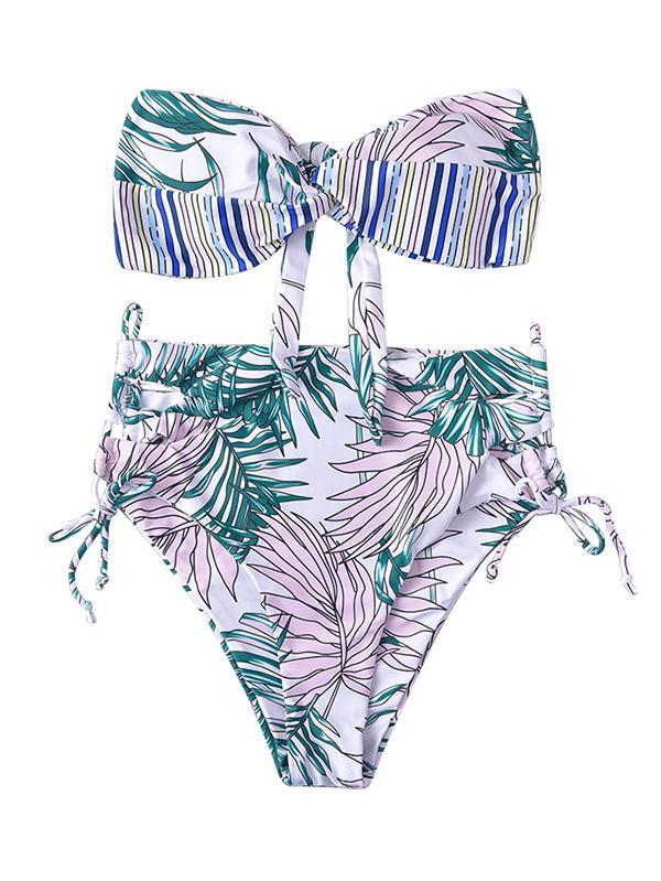 Floral-Print Knotted Bandeau Split Bikini Swimsuit