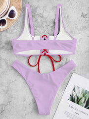 Einfarbiger Bikini-Badeanzug mit Farbblock-Bandage und Schlitz 