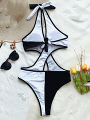 Sexy Contrast Color Hollow Bandage One-Piece Swimwear