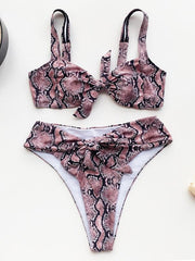 Snake-Print Knotted Hollow Split Bikini Swimsuit