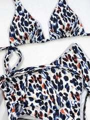 Leopard Print Triangles Bandage Split Bikini Swimsuit