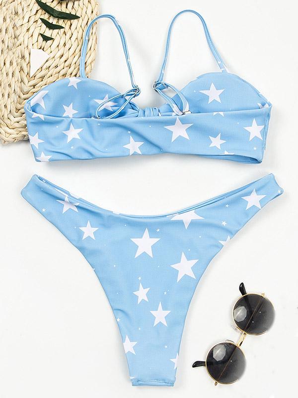 Knotted Embellishedd Bandeau Split Bikini Swimsuit