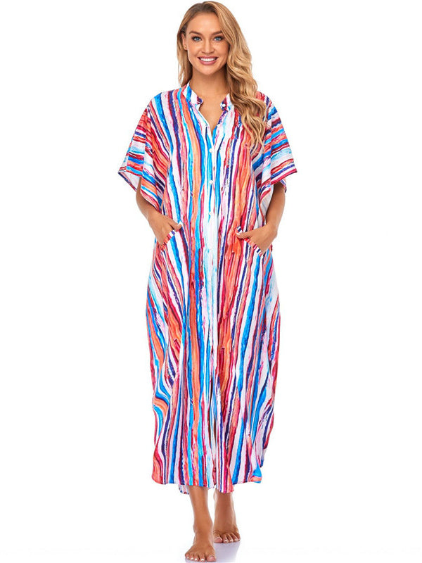 Striped Loose Pocket Cardigan Vacation Beach Cover-Up Swimwear