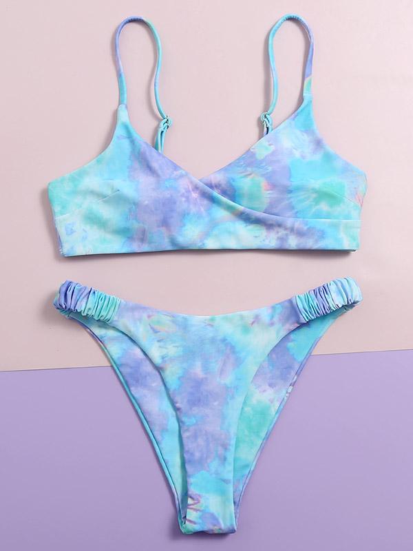 Tie-Dyed V-Neck Spaghetti-Neck Split Bikini Swimsuit