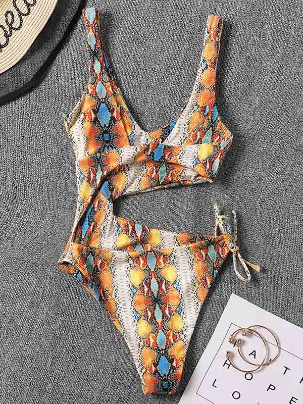 Sleeveless Printing Hollow Bandage Monokini Swimwear