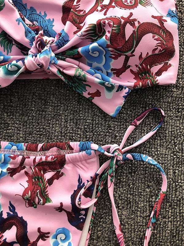 Chinese Style Printing Knotted Bandeau Split Bikini Swimsuit