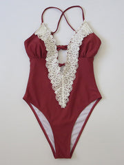 Solid Color Lcae Split-Joint Sexy One-Piece Swimwear