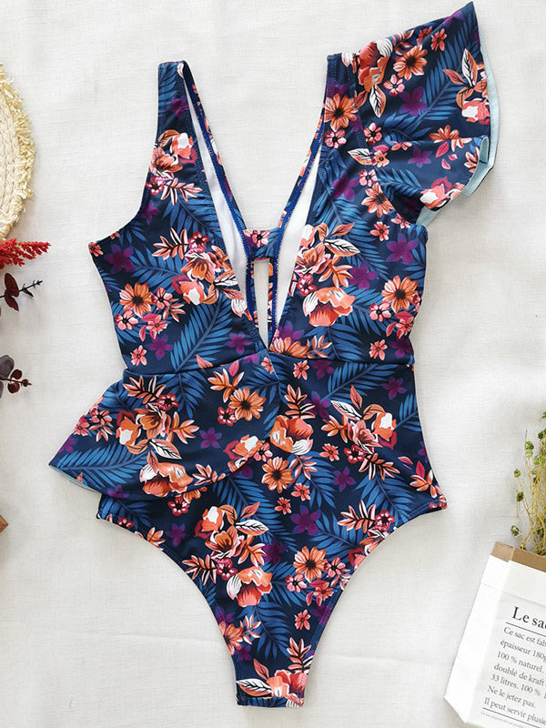 Floral Printed Falbala V-Neck One-Piece Swimsuit