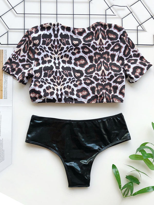 Leopard Print Color-Block Short Sleeve Split Bikini Swimsuit