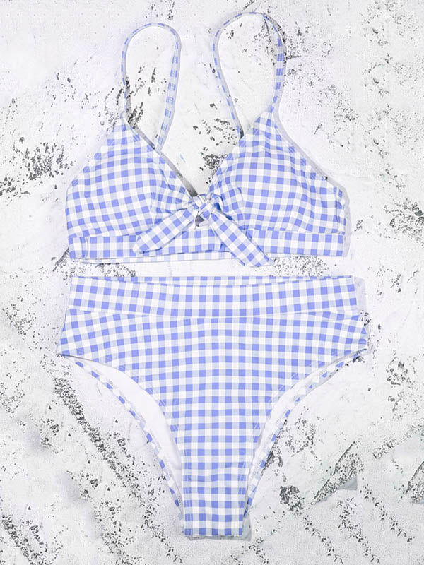 Plaid Printed Knotted Spaghetti-Neck Split Bikini Swimsuit