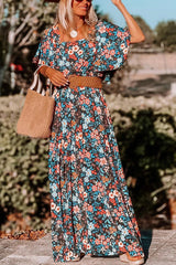 Sky Blue Boho Floral Print Knotted Backless Maxi Dress