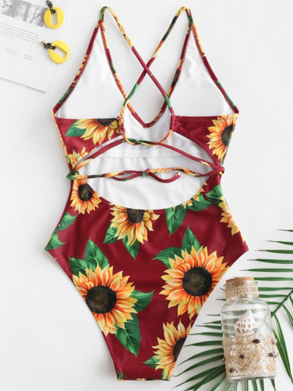 Rückenfreier Bikini-Badeanzug mit Bandage und Schlitz und Sonnenblumen-Print 